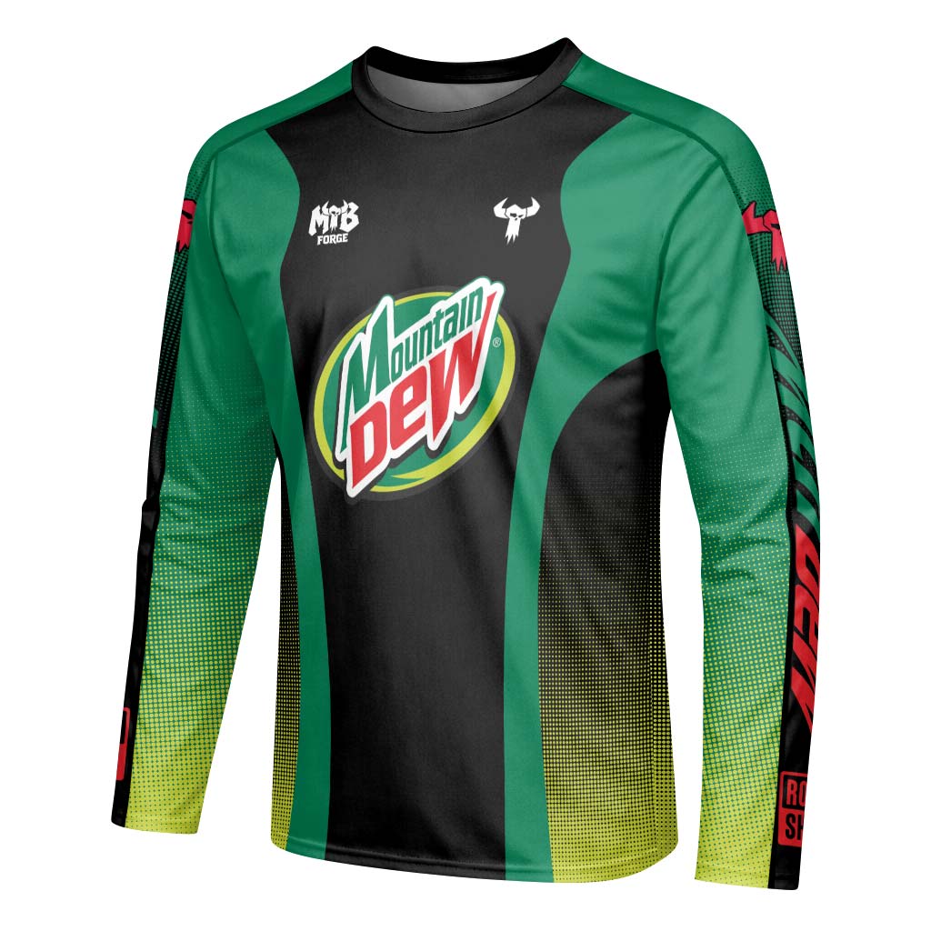 Mountain Dew Black Green Factory Race Youth Long Sleeve Mountain Bike Jersey – Left Side View Mockup