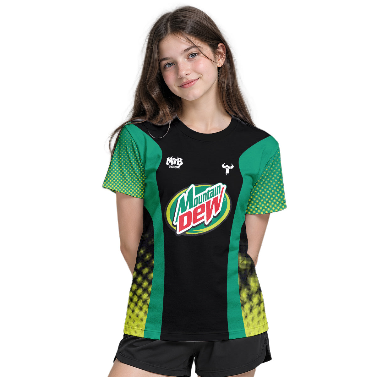 Mountain Dew Black Green Factory Race Youth Short Sleeve Mountain Bike Jersey – Girl Lifestyle View