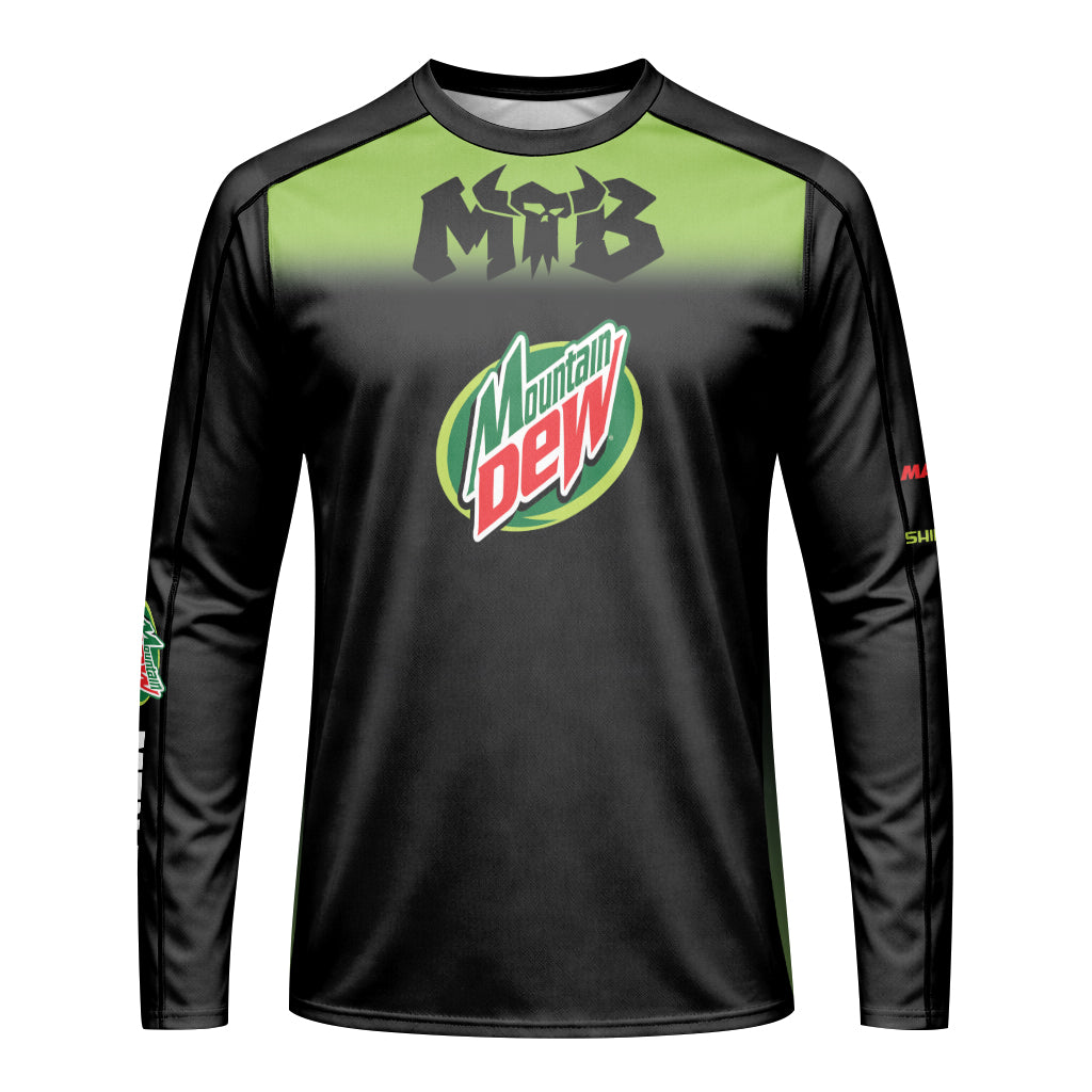 Mountain Dew Black Green Gradient Youth Long Sleeve Mountain Bike Jersey – Front View Mockup