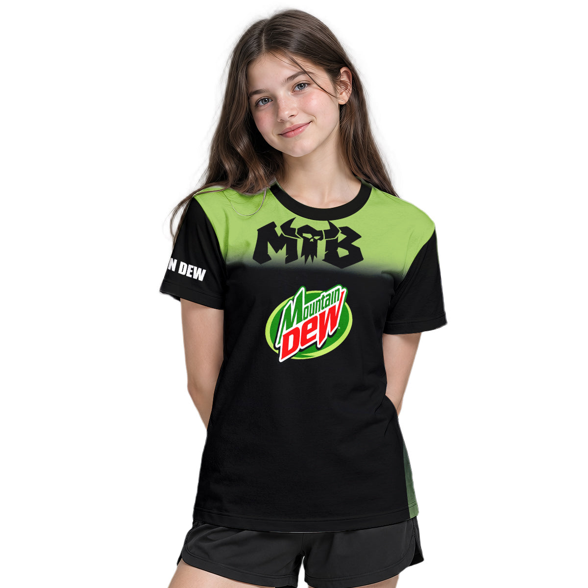 Mountain Dew Black Green Gradient Youth Short Sleeve Mountain Bike Jersey – Girl Lifestyle View