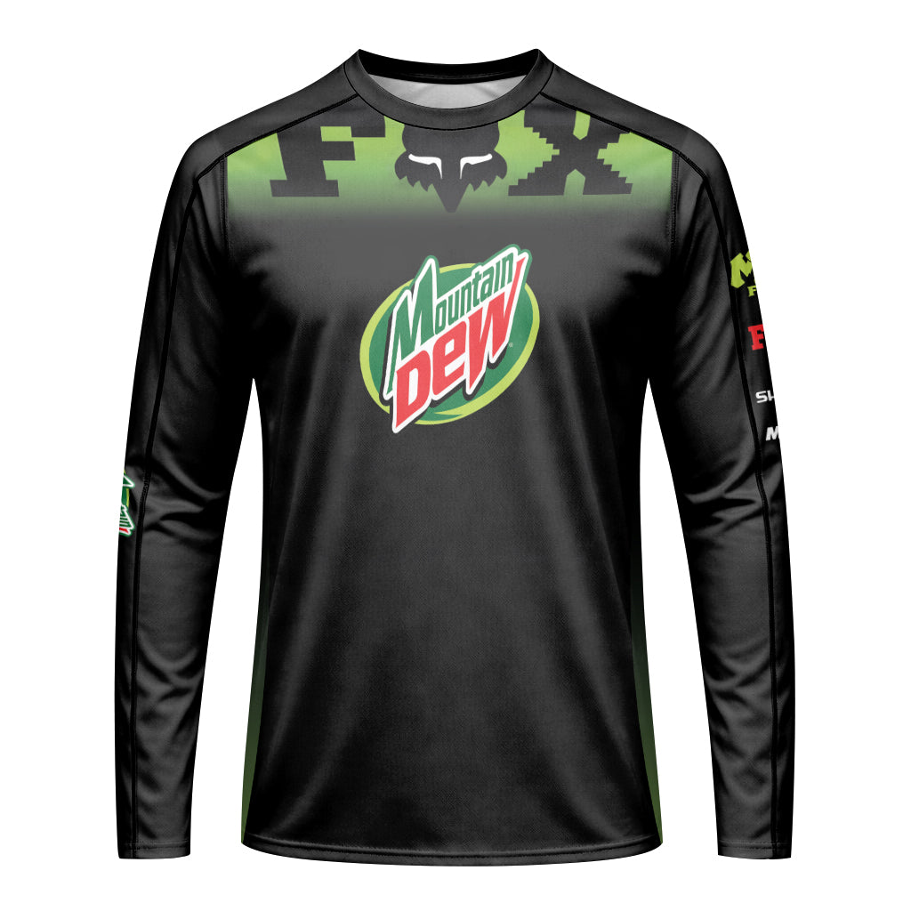 Mountain Dew Fox Black Green Long Sleeve Mountain Bike Jersey - front view mockup