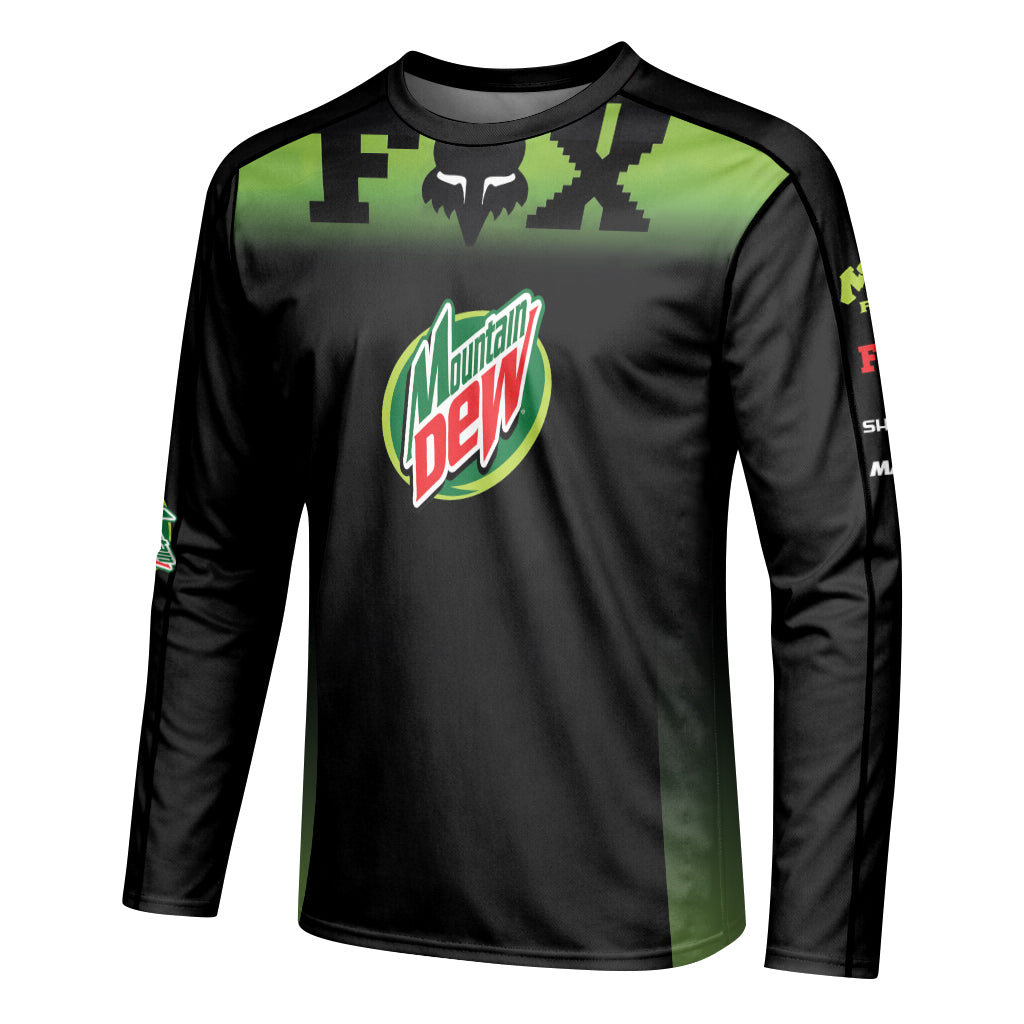 Mountain Dew Fox Black Green Long Sleeve Mountain Bike Jersey - left side mockup