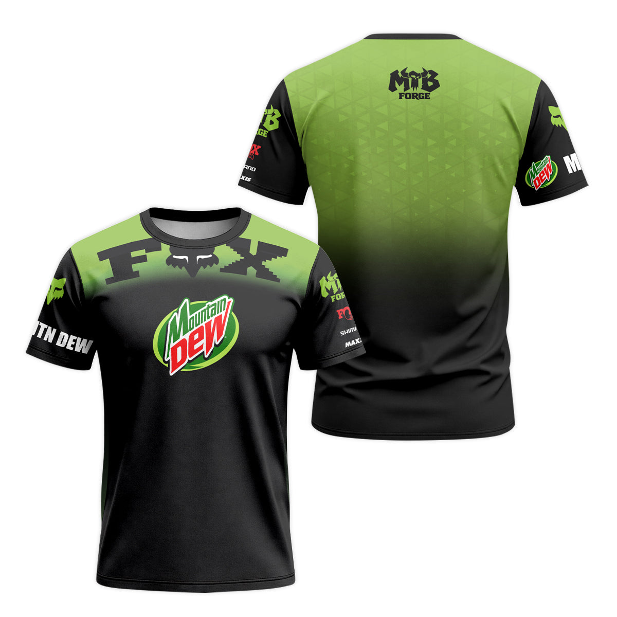 Mountain Dew Fox Black Green Short Sleeve Mountain Bike Jersey - front and back view