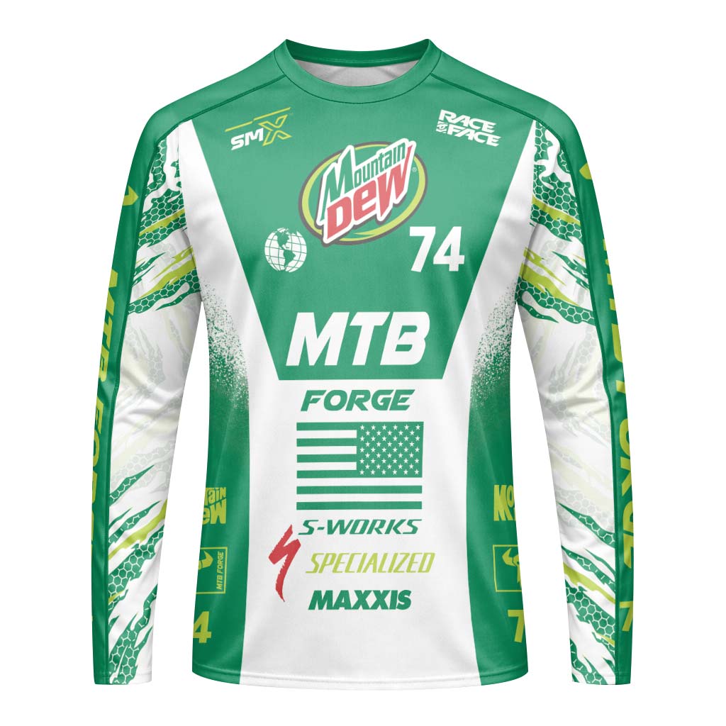 Mountain Dew Specialized 74 Green White Long Sleeve Mountain Bike Jersey – Front View Mockup