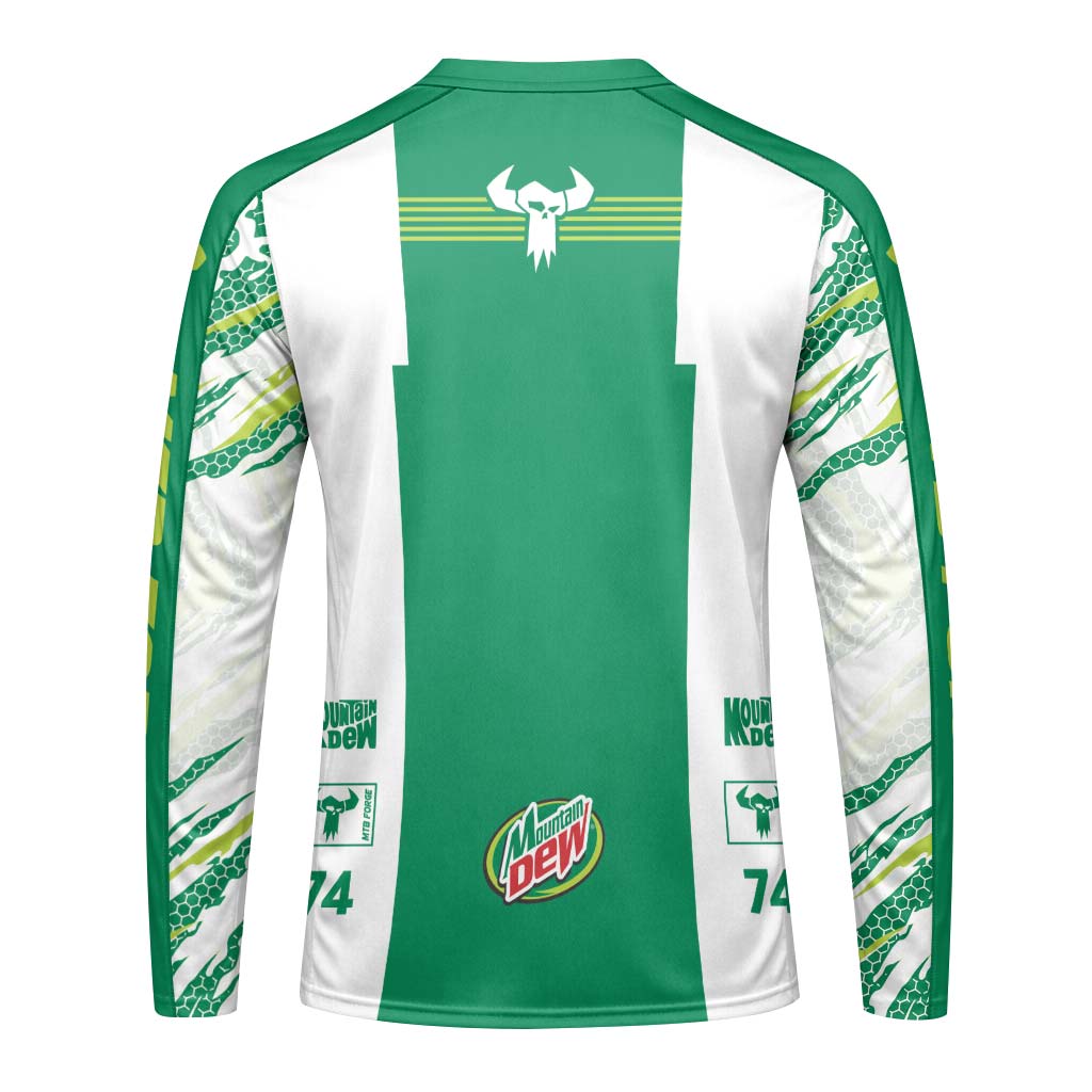 Mountain Dew Specialized 74 Green White Long Sleeve Mountain Bike Jersey – Back View Mockup
