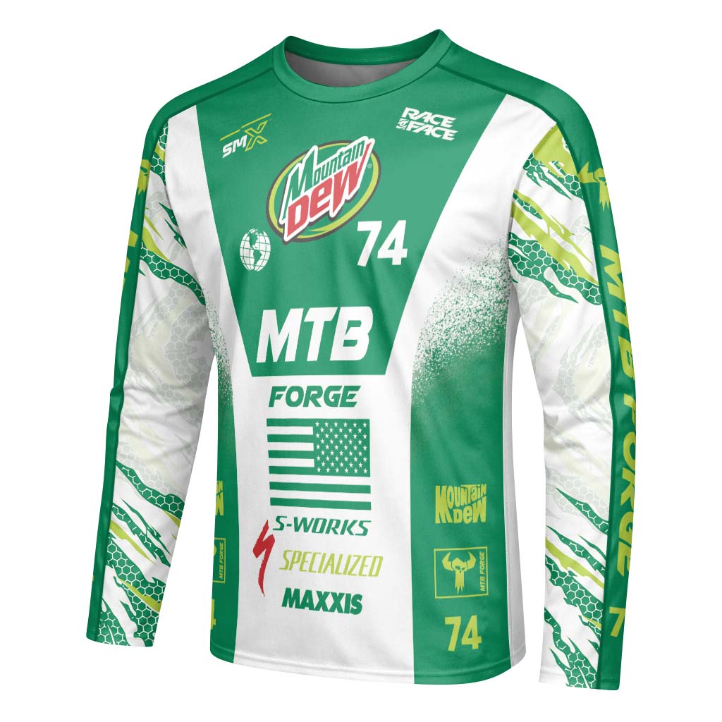 Mountain Dew Specialized 74 Green White Long Sleeve Mountain Bike Jersey – Left Side View Mockup