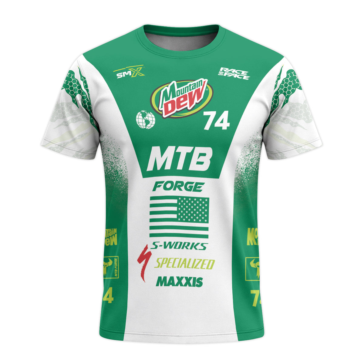 Mountain Dew Specialized 74 Green White Short Sleeve Mountain Bike Jersey – Front View Mockup
