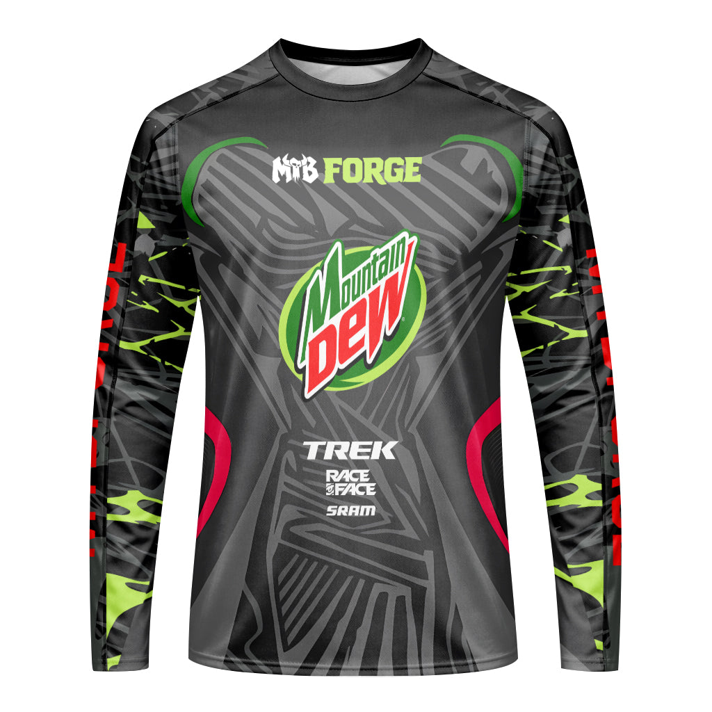 Mountain Dew Trek Black Green Factory Race Long Sleeve Mountain Bike Jersey - front view mockup