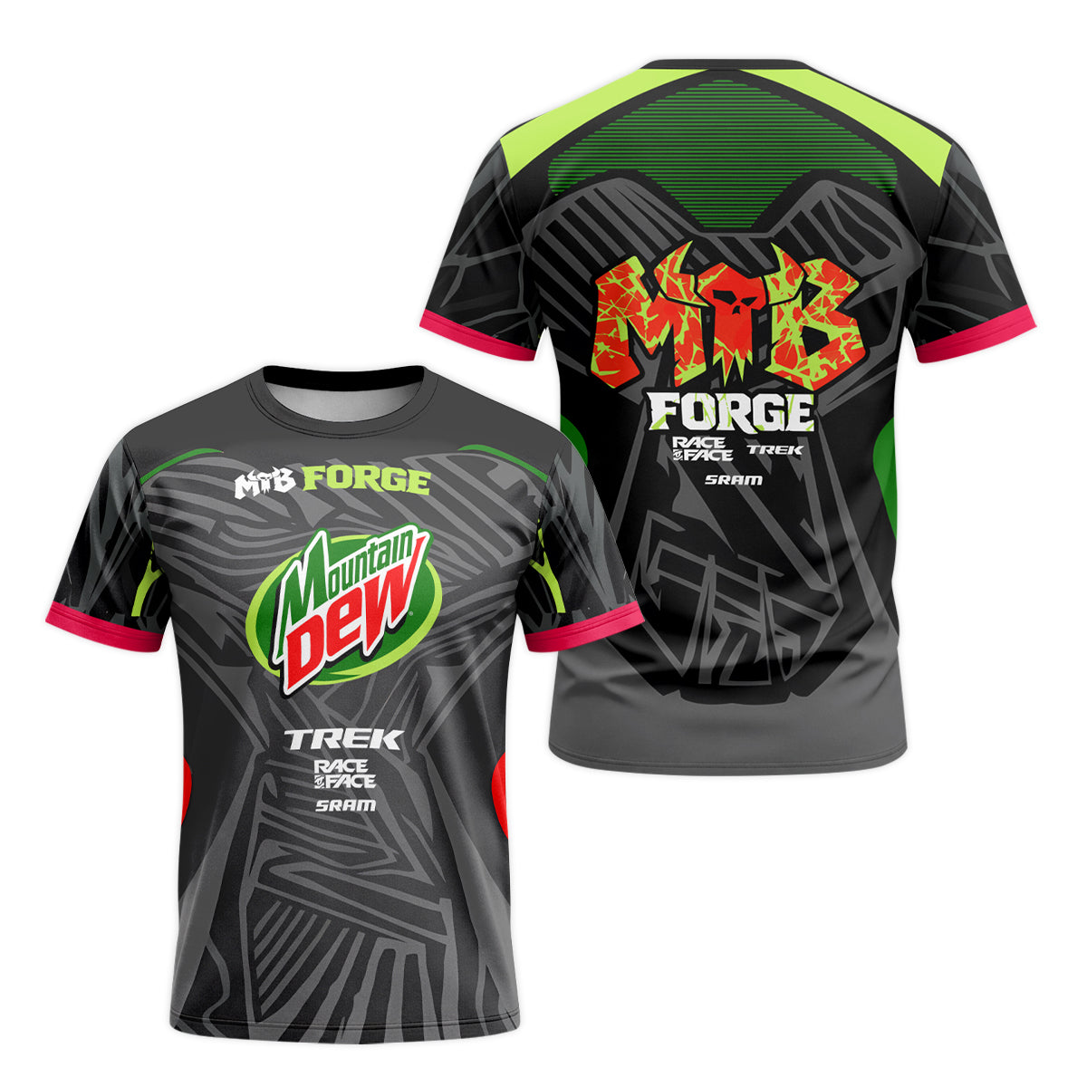 Mountain Dew Trek Black Green Factory Race Short Sleeve Mountain Bike Jersey - front and back view