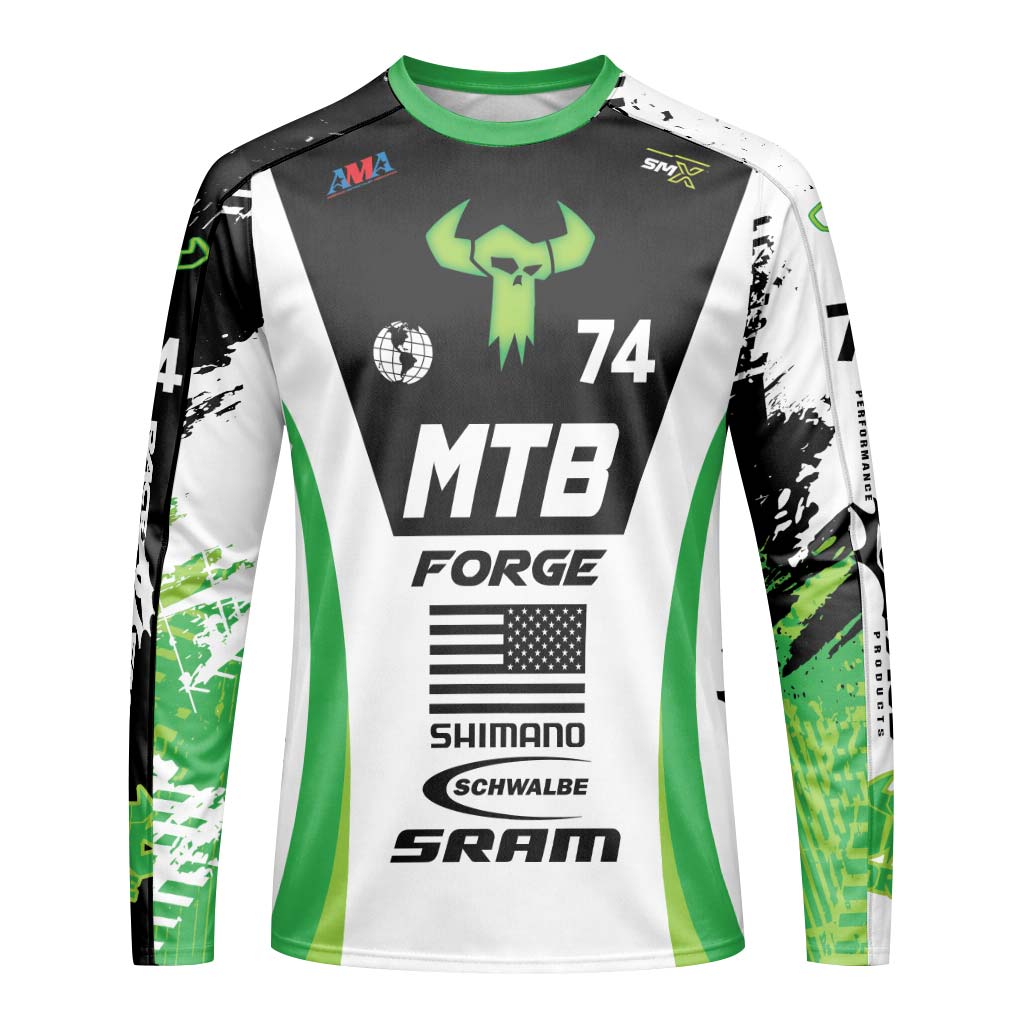 MTB Forge 74 Black Green American Flag Long Sleeve Mountain Bike Jersey – Front View Mockup
