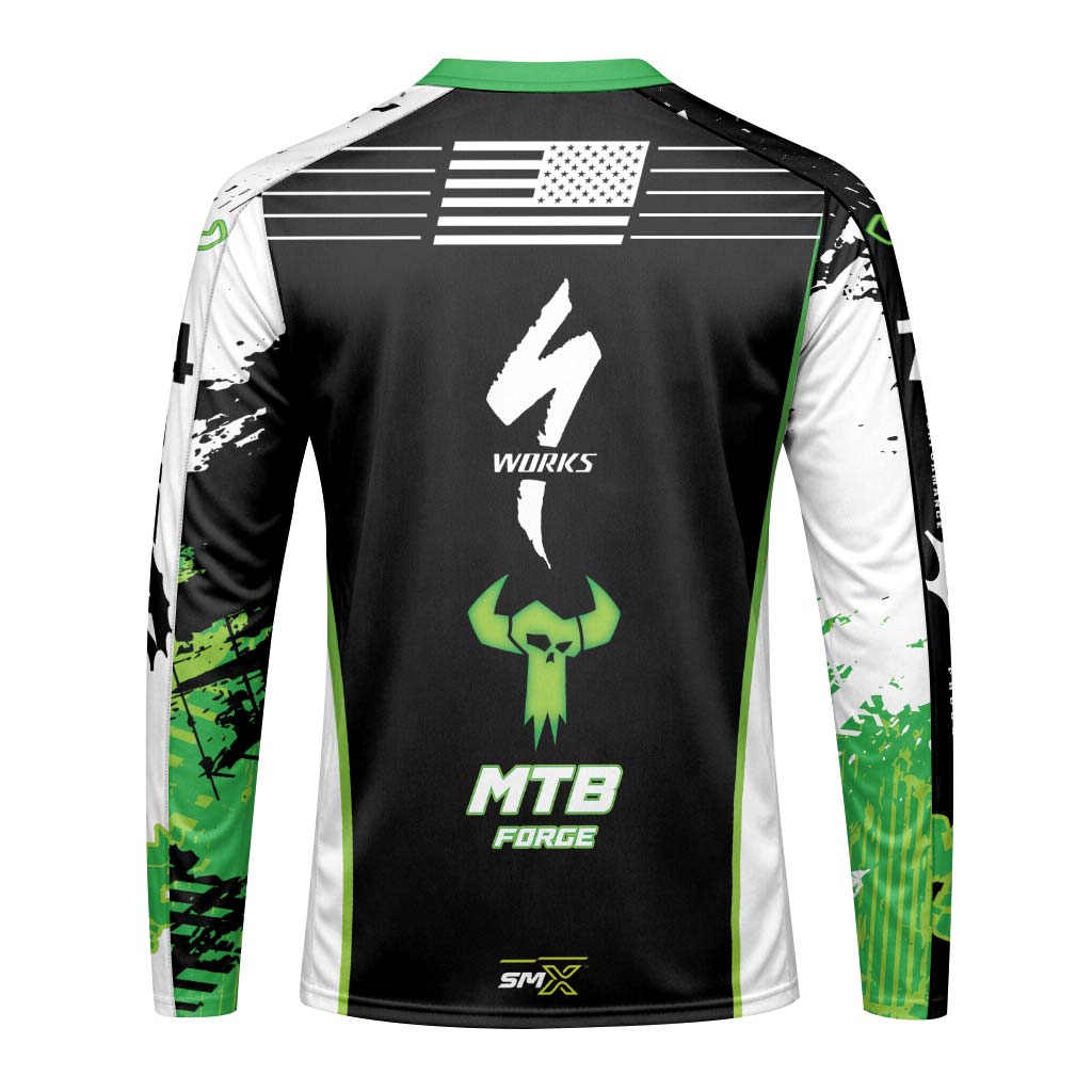 MTB Forge 74 Black Green American Flag Long Sleeve Mountain Bike Jersey – Back View Mockup