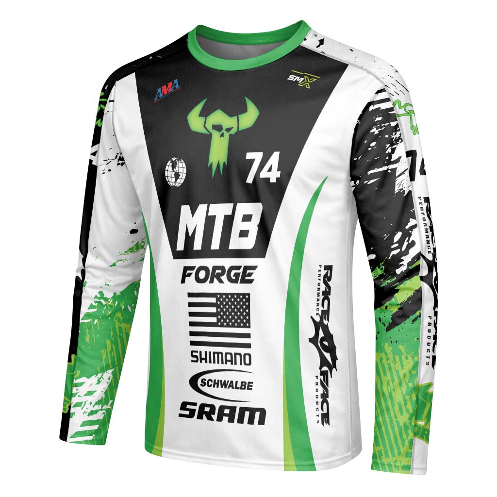 MTB Forge 74 Black Green American Flag Long Sleeve Mountain Bike Jersey – Left Side View Mockup