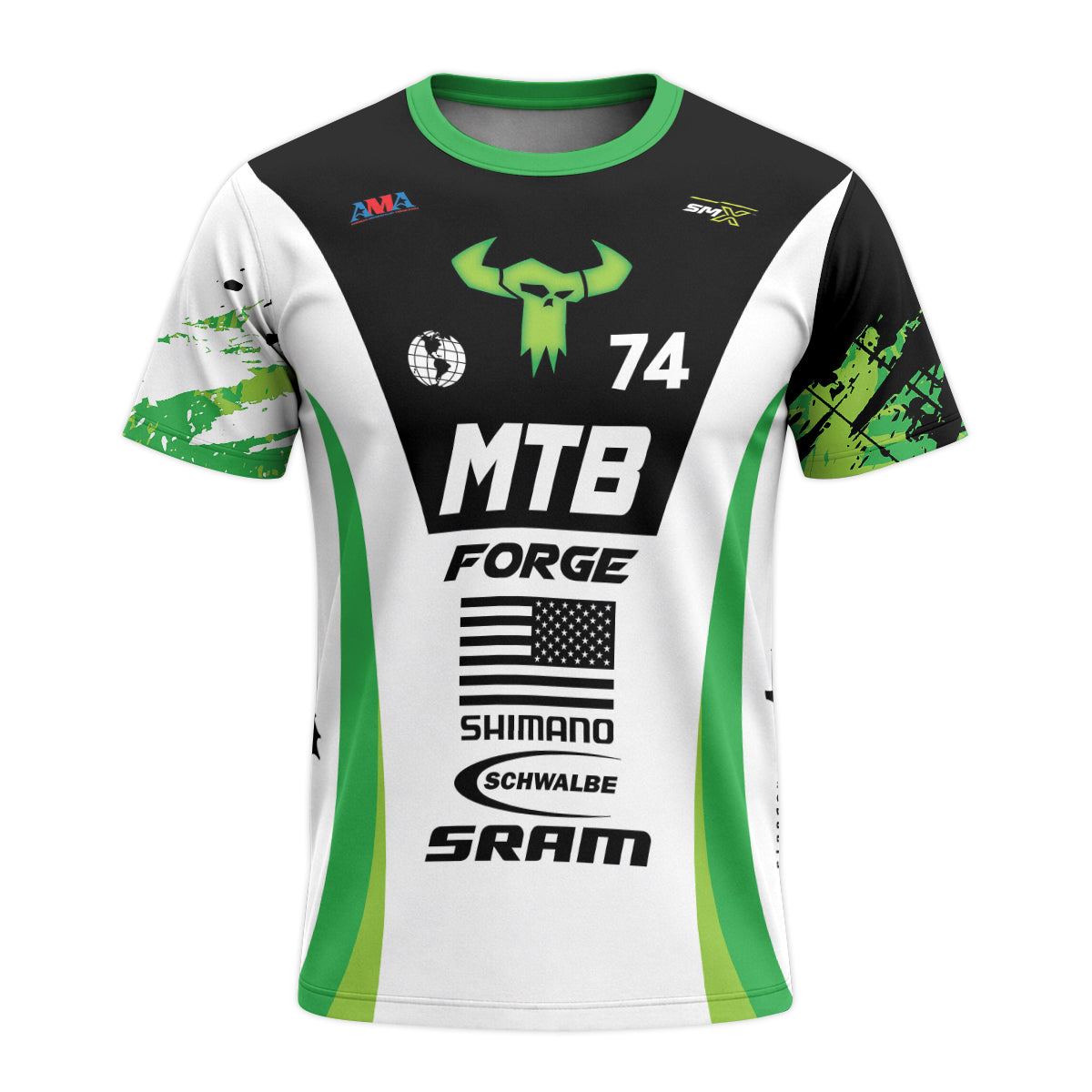 MTB Forge 74 Black Green American Flag Short Sleeve Mountain Bike Jersey – Front View Mockup