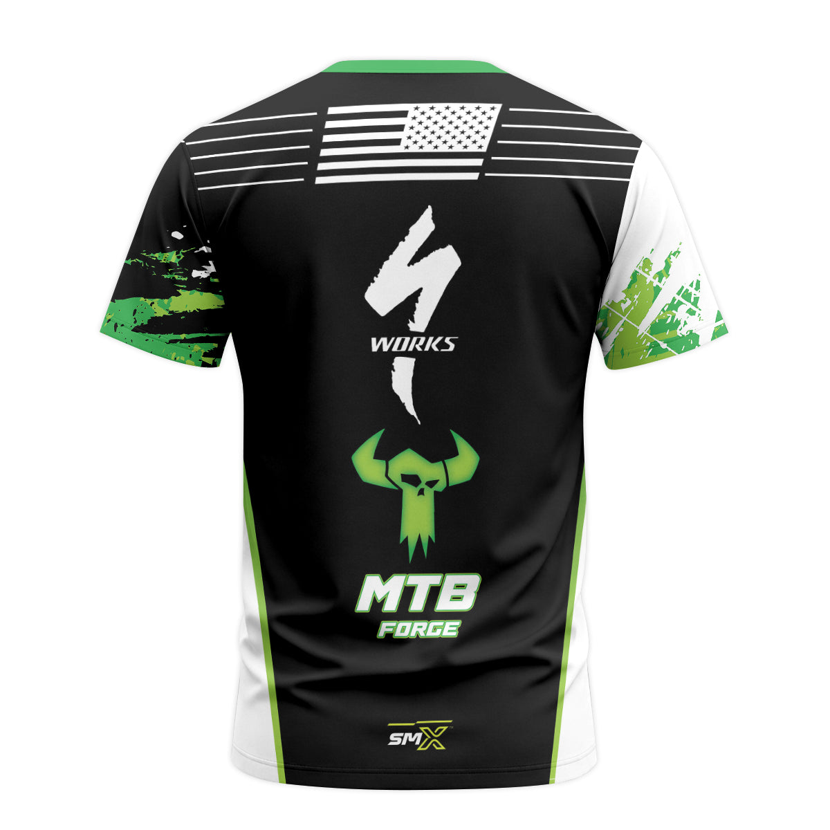 MTB Forge 74 Black Green American Flag Short Sleeve Mountain Bike Jersey – Back View Mockup