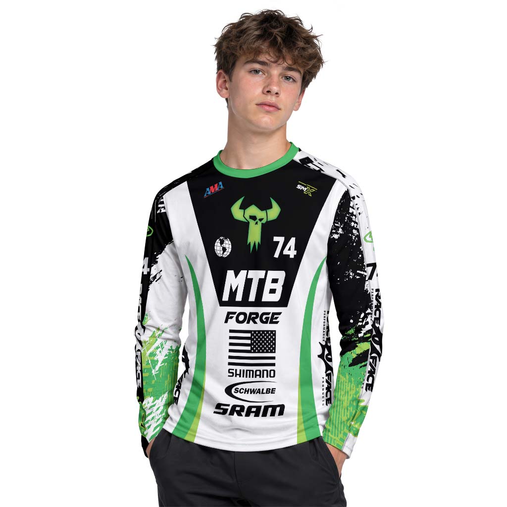 MTB Forge 74 Black Green American Flag Youth Long Sleeve Mountain Bike Jersey – Boy Lifestyle View
