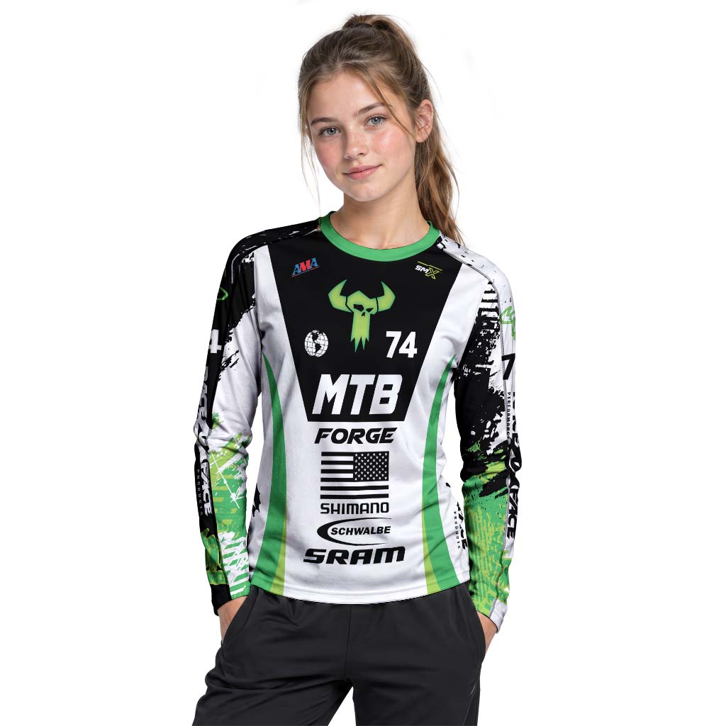 MTB Forge 74 Black Green American Flag Youth Long Sleeve Mountain Bike Jersey – Girl Lifestyle View