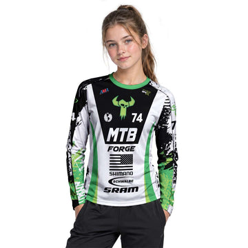 MTB Forge 74 Black Green American Flag Youth Long Sleeve Mountain Bike Jersey – Girl Lifestyle View