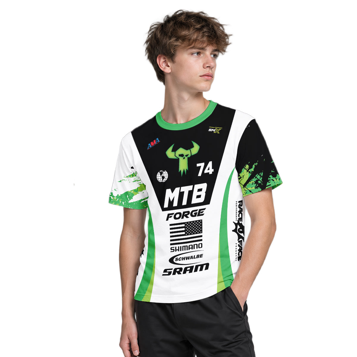 MTB Forge 74 Black Green American Flag Youth Short Sleeve Mountain Bike Jersey – Boy Lifestyle View