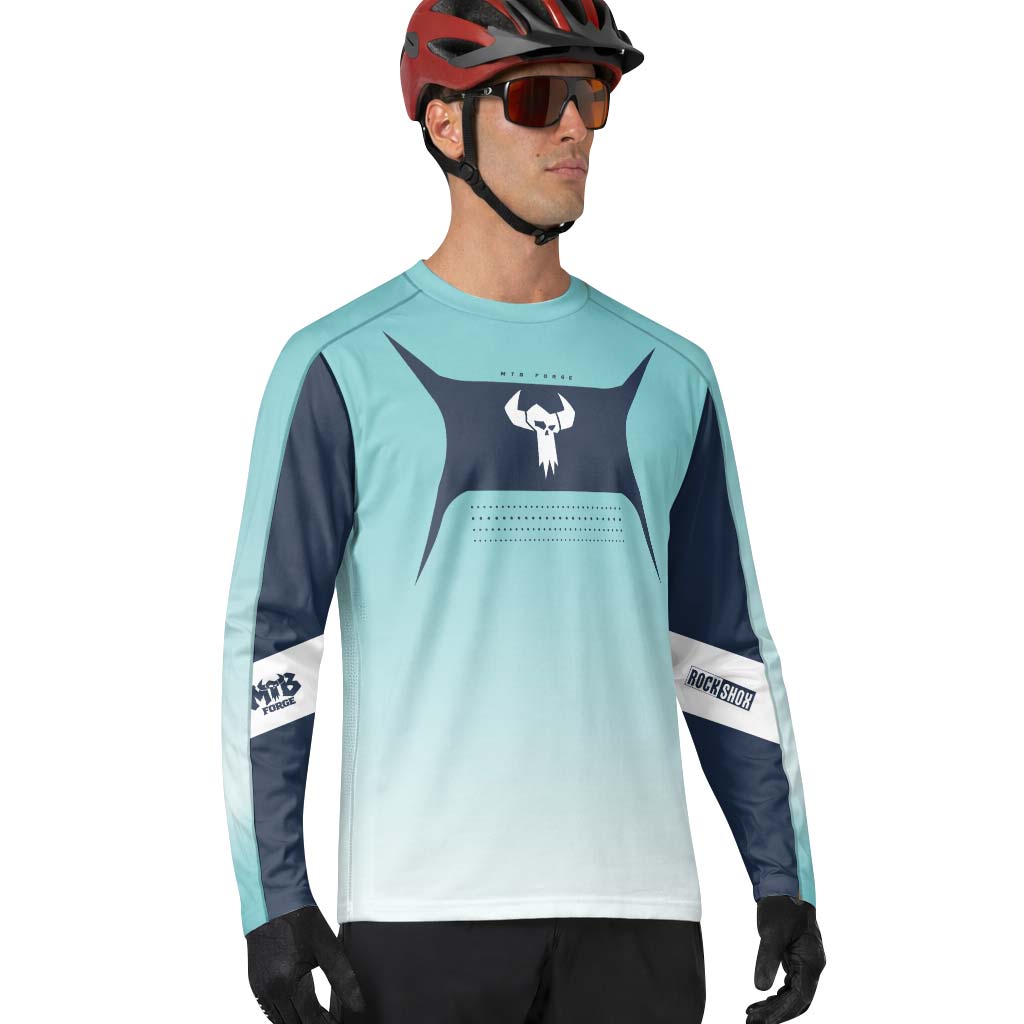 MTB Forge Aqua Blue Gradient Long Sleeve Mountain Bike Jersey – Lifestyle View