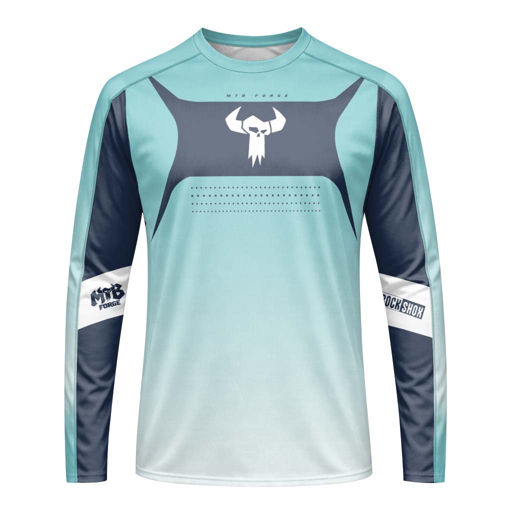 MTB Forge Aqua Blue Gradient Long Sleeve Mountain Bike Jersey – Front View Mockup