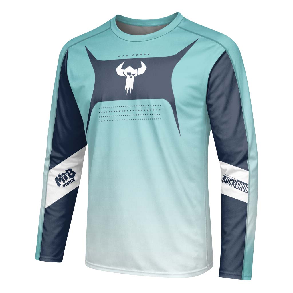 MTB Forge Aqua Blue Gradient Long Sleeve Mountain Bike Jersey – Left Side View Mockup