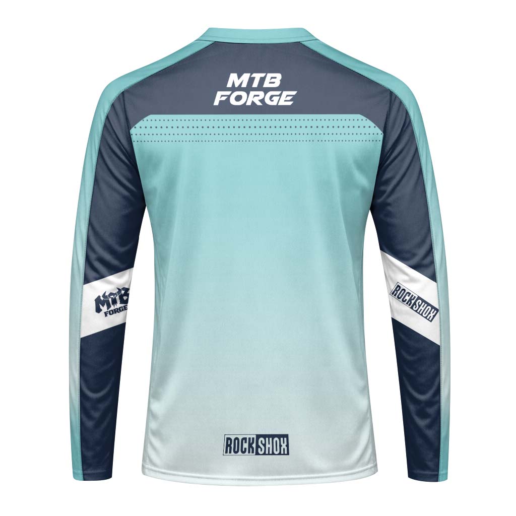 MTB Forge Aqua Blue Gradient Youth Long Sleeve Mountain Bike Jersey – Back View Mockup