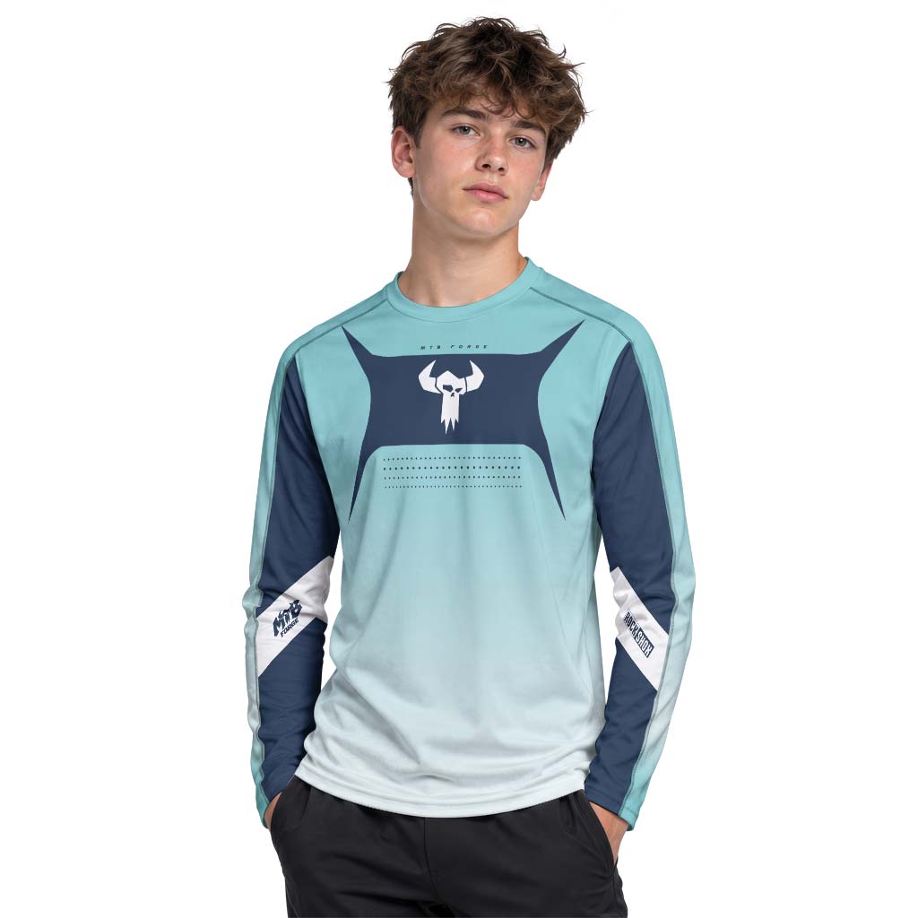 MTB Forge Aqua Blue Gradient Youth Long Sleeve Mountain Bike Jersey – Boy Lifestyle View