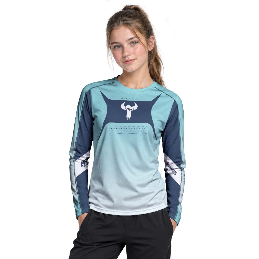MTB Forge Aqua Blue Gradient Youth Long Sleeve Mountain Bike Jersey – Girl Lifestyle View