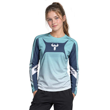 MTB Forge Aqua Blue Gradient Youth Long Sleeve Mountain Bike Jersey – Girl Lifestyle View