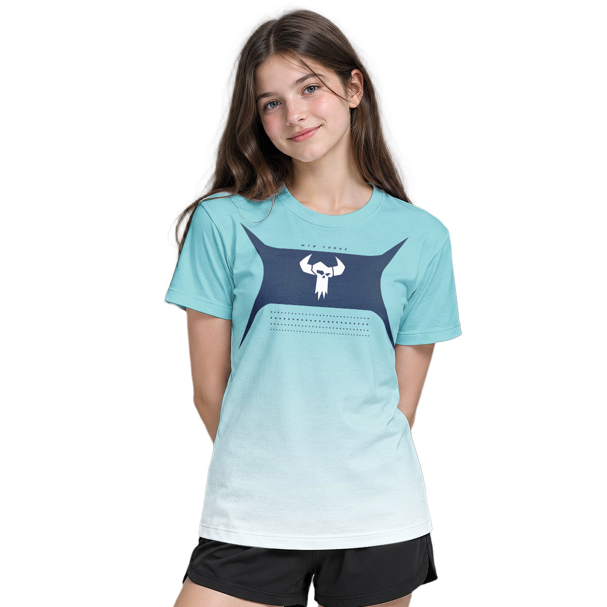 MTB Forge Aqua Blue Gradient Youth Short Sleeve Mountain Bike Jersey – Girl Lifestyle View