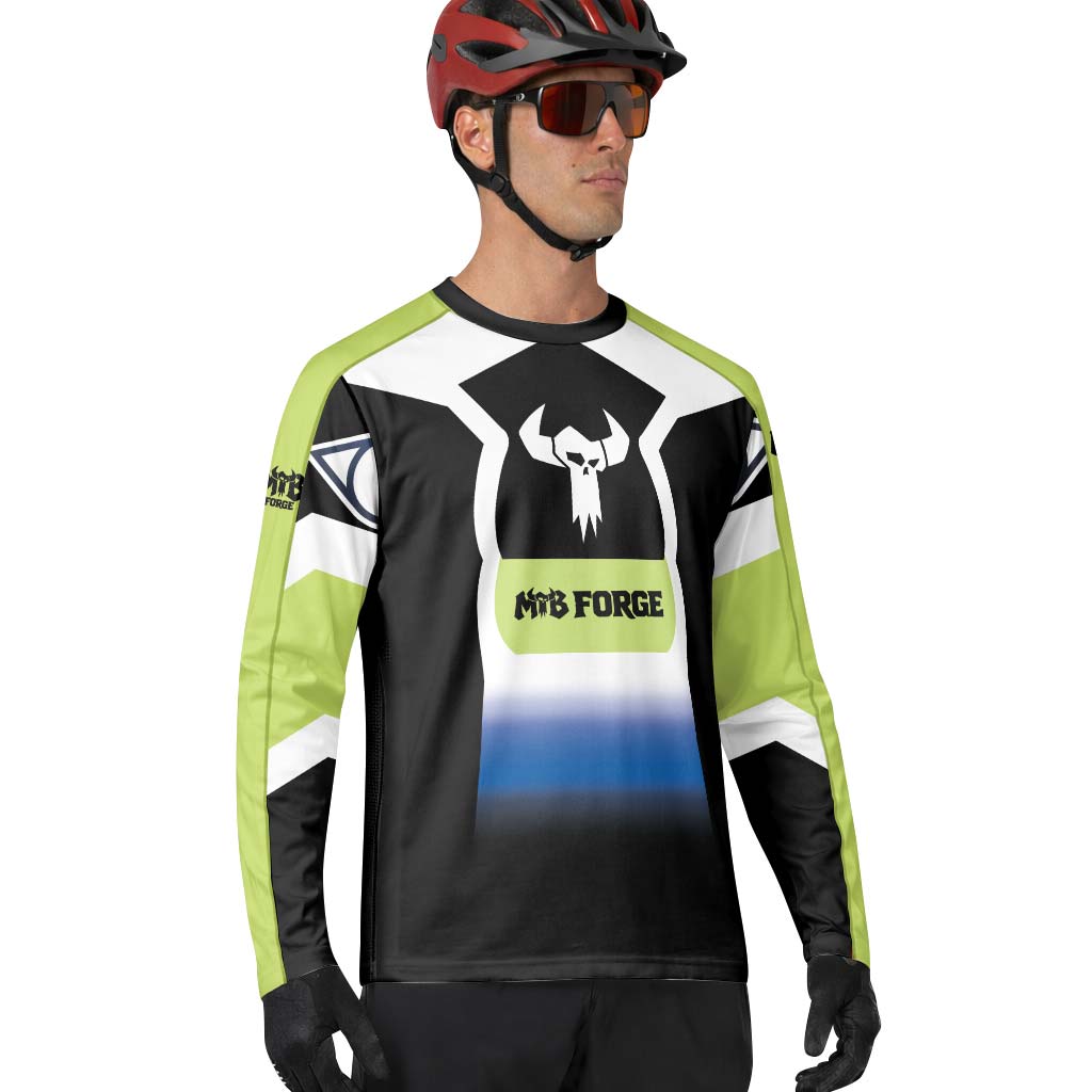 MTB Forge Black White Blue Gradient Long Sleeve Mountain Bike Jersey – Lifestyle View