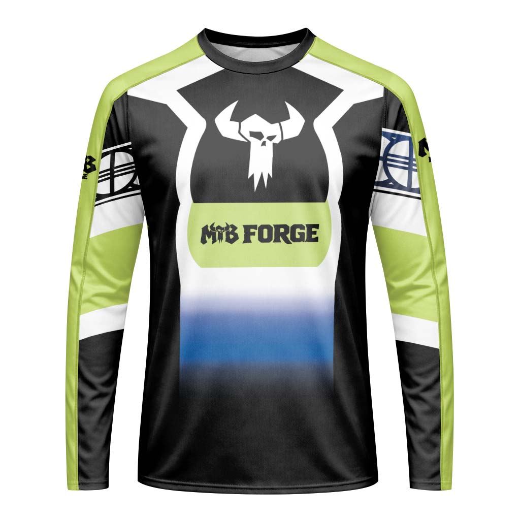 MTB Forge Black White Blue Gradient Long Sleeve Mountain Bike Jersey – Front View Mockup