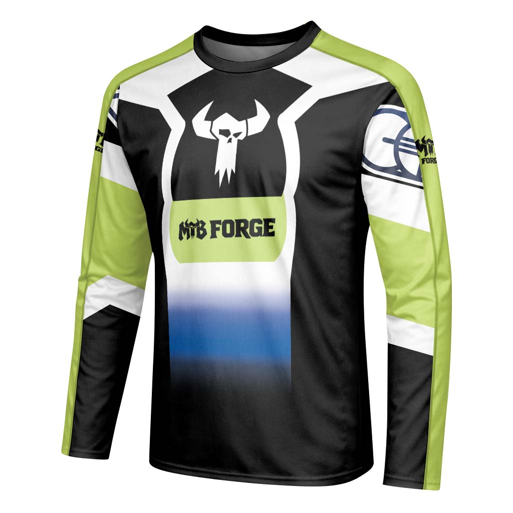 MTB Forge Black White Blue Gradient Long Sleeve Mountain Bike Jersey – Left Side View Mockup