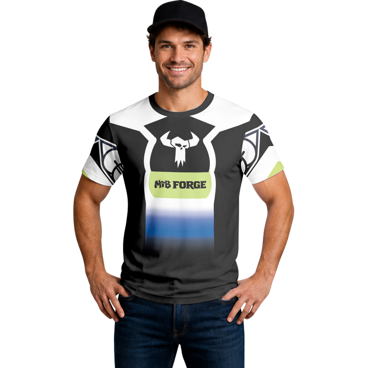 MTB Forge Black White Blue Gradient Short Sleeve Mountain Bike Jersey – Lifestyle View
