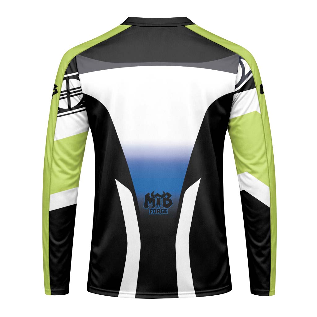 MTB Forge Black White Blue Gradient Youth Long Sleeve Mountain Bike Jersey – Back View Mockup