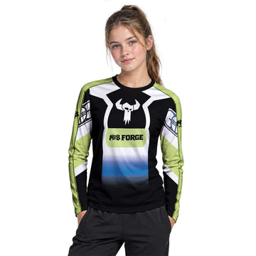 MTB Forge Black White Blue Gradient Youth Long Sleeve Mountain Bike Jersey – Girl Lifestyle View