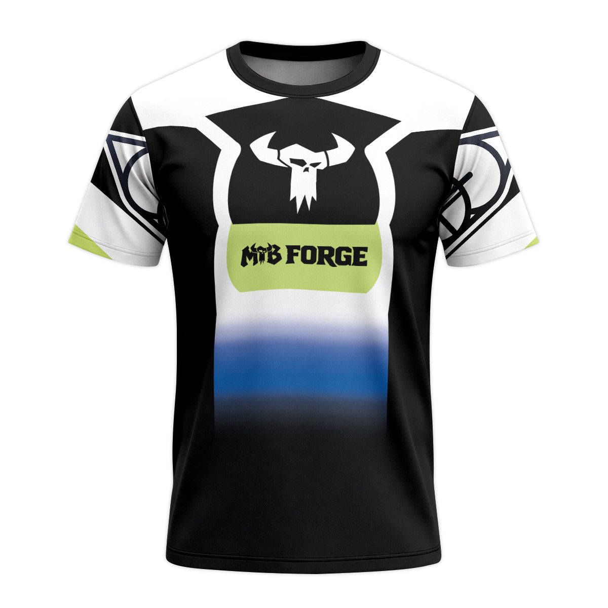 MTB Forge Black White Blue Gradient Youth Short Sleeve Mountain Bike Jersey – Front View Mockup