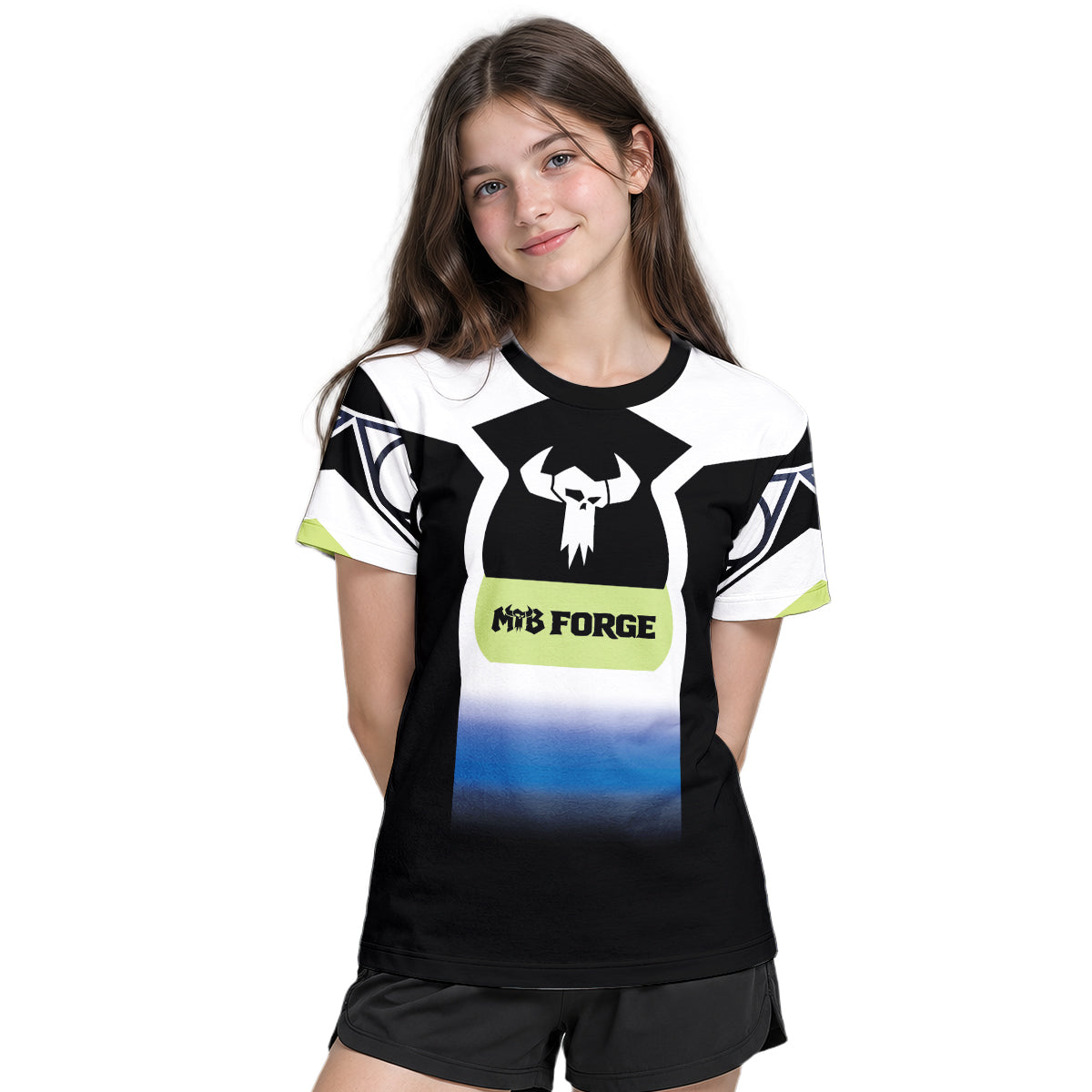 MTB Forge Black White Blue Gradient Youth Short Sleeve Mountain Bike Jersey – Girl Lifestyle View