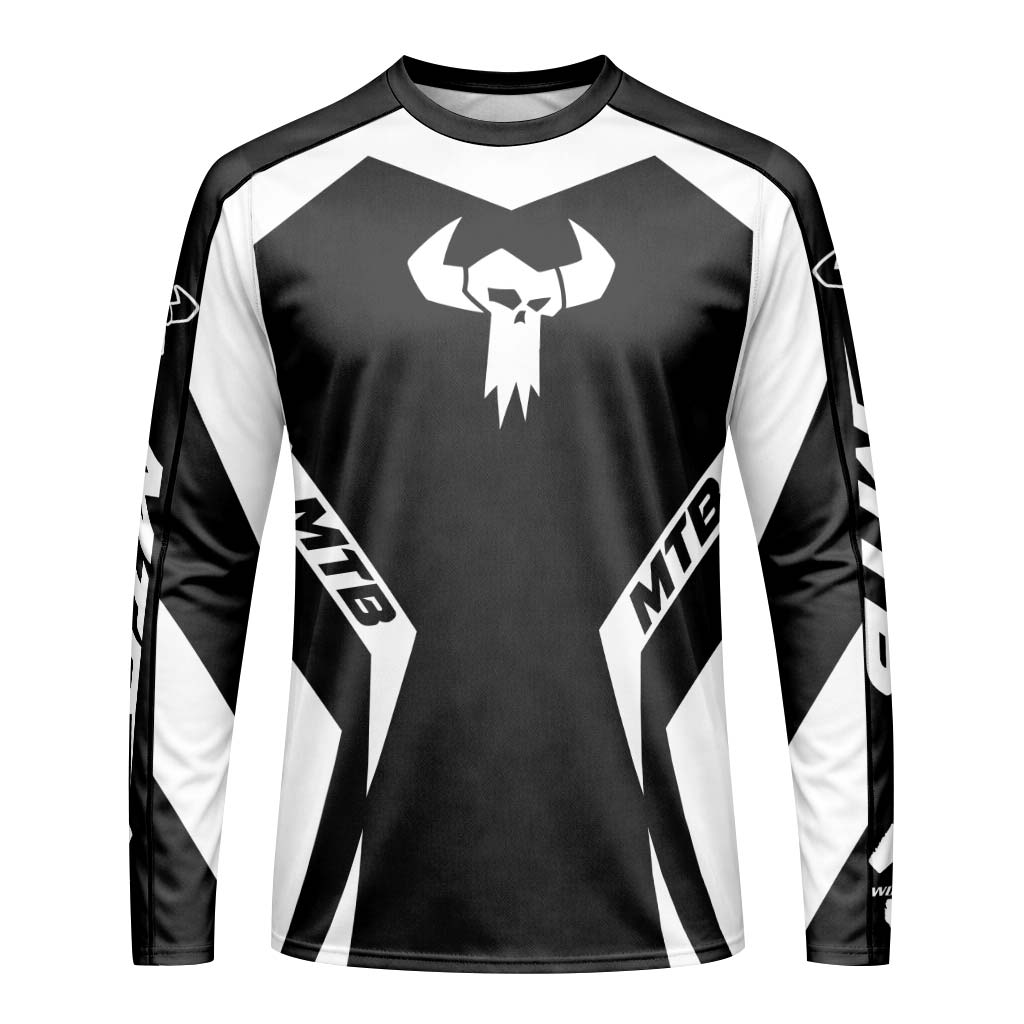 MTB Forge Black White Geometric Long Sleeve Mountain Bike Jersey – Front View Mockup