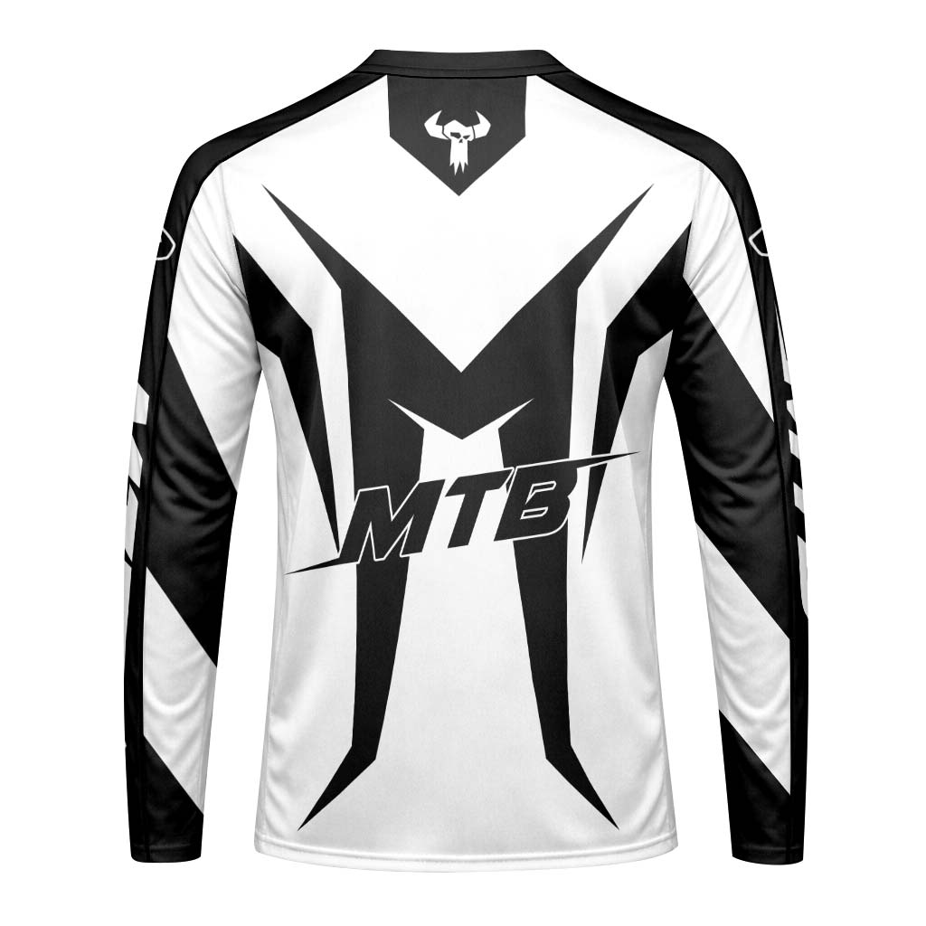 MTB Forge Black White Geometric Long Sleeve Mountain Bike Jersey – Back View Mockup