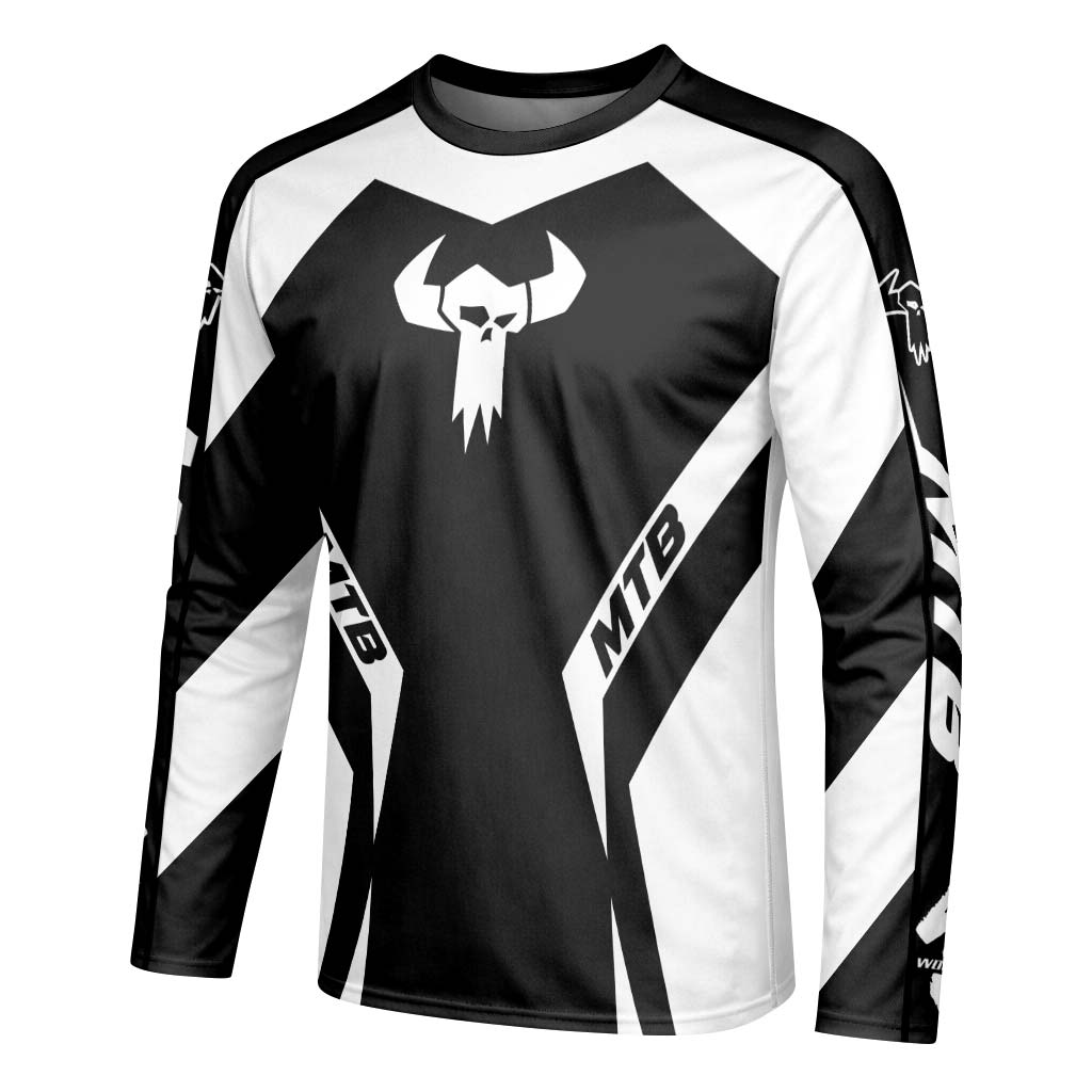 MTB Forge Black White Geometric Long Sleeve Mountain Bike Jersey – Left Side View Mockup