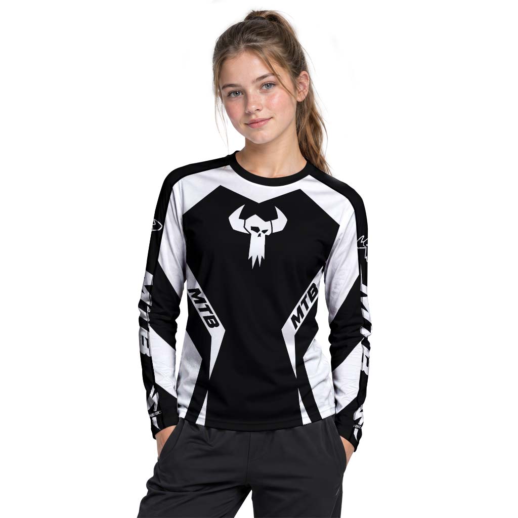 MTB Forge Black White Geometric Youth Long Sleeve Mountain Bike Jersey – Girl Lifestyle View