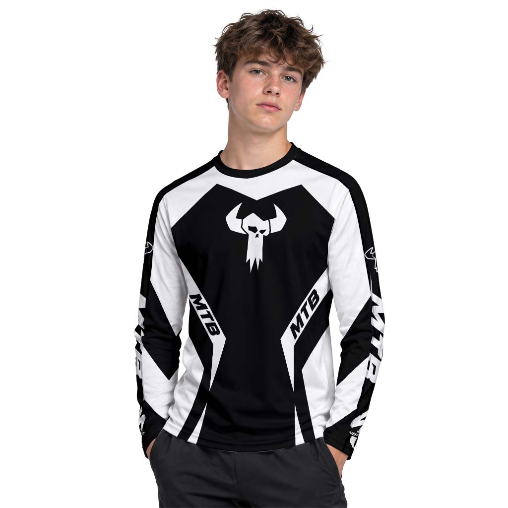 MTB Forge Black White Geometric Youth Long Sleeve Mountain Bike Jersey – Boy Lifestyle View