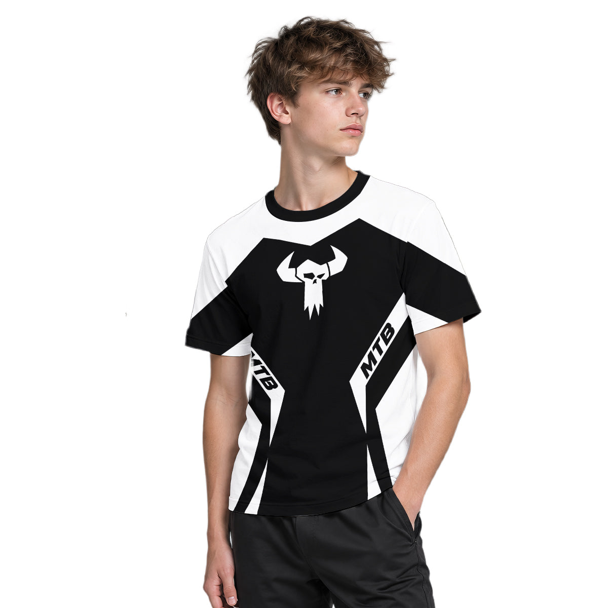 MTB Forge Black White Geometric Youth Short Sleeve Mountain Bike Jersey – Boy Lifestyle View