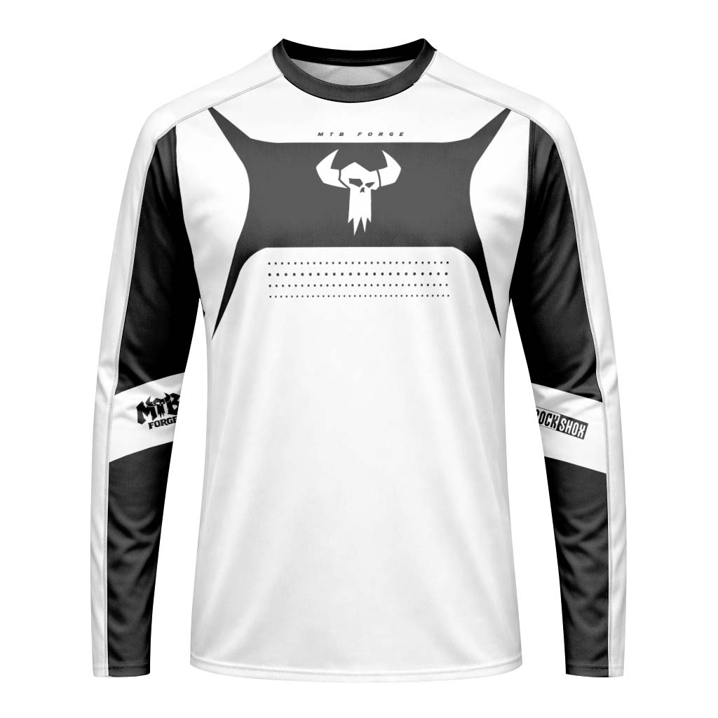 MTB Forge Black White Long Sleeve Mountain Bike Jersey – Front View Mockup