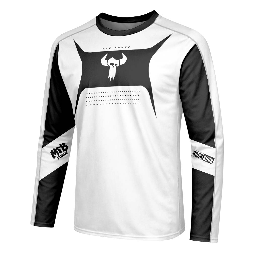 MTB Forge Black White Long Sleeve Mountain Bike Jersey – Left Side View Mockup