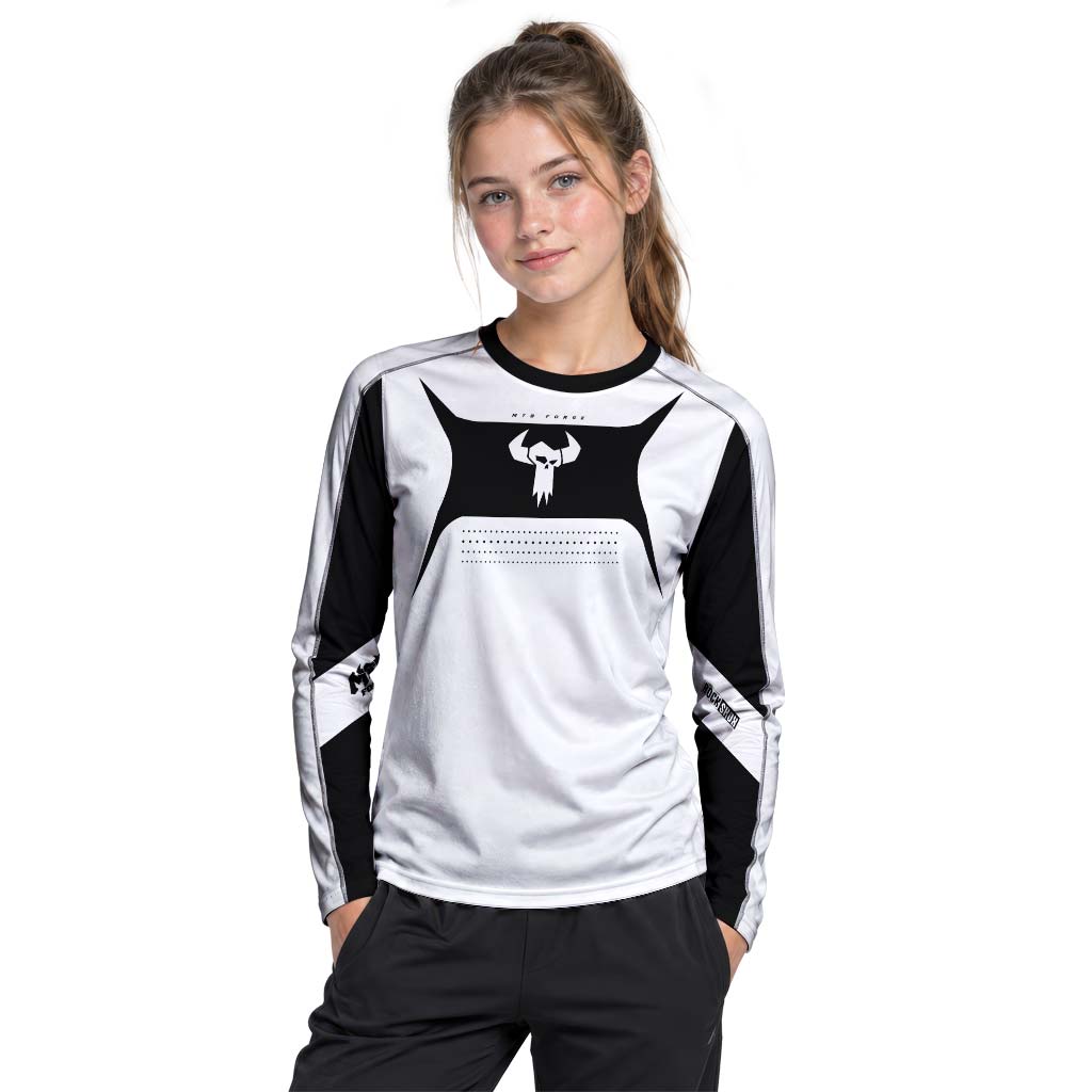 MTB Forge Black White Youth Long Sleeve Mountain Bike Jersey – Girl Lifestyle View