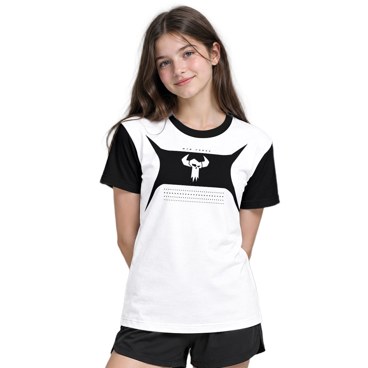 MTB Forge Black White Youth Short Sleeve Mountain Bike Jersey – Girl Lifestyle View