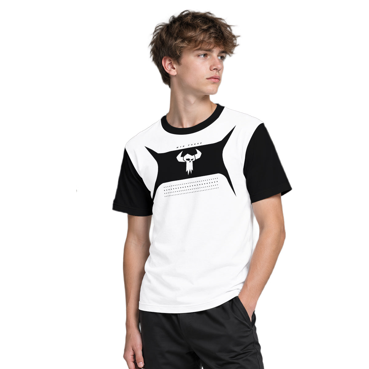 MTB Forge Black White Youth Short Sleeve Mountain Bike Jersey – Boy Lifestyle View