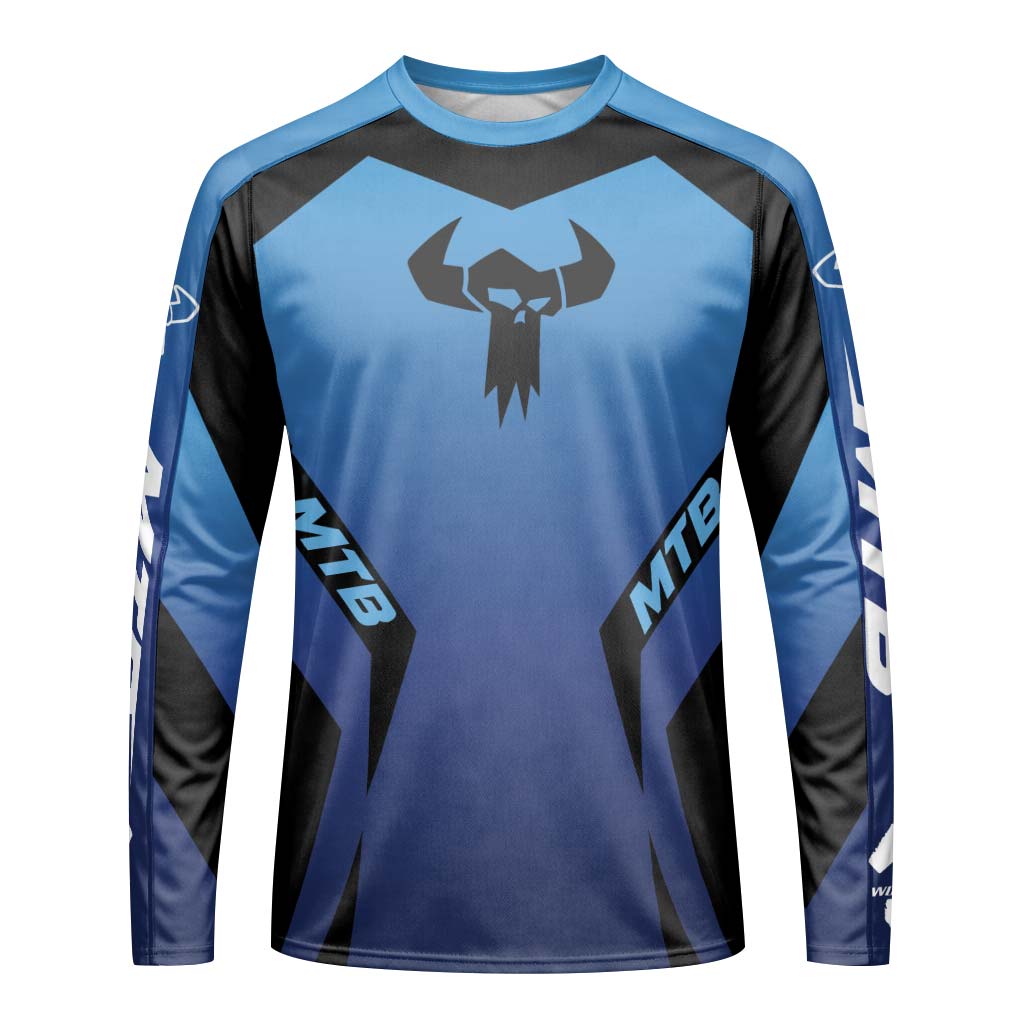 MTB Forge Blue Black Racing Long Sleeve Mountain Bike Jersey – Front View Mockup